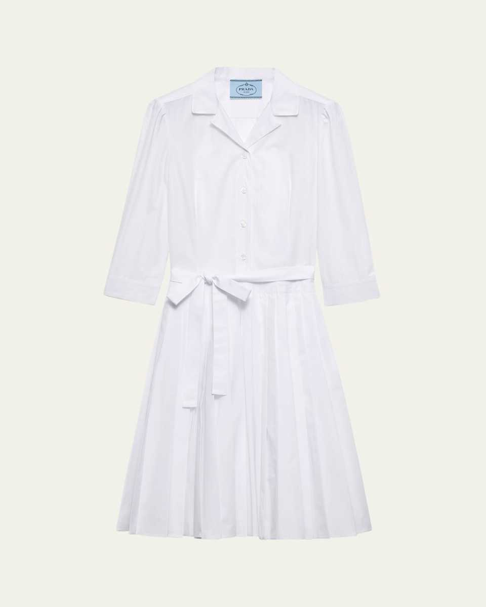 Pleated Popeline Neck-Tie Shirtdress